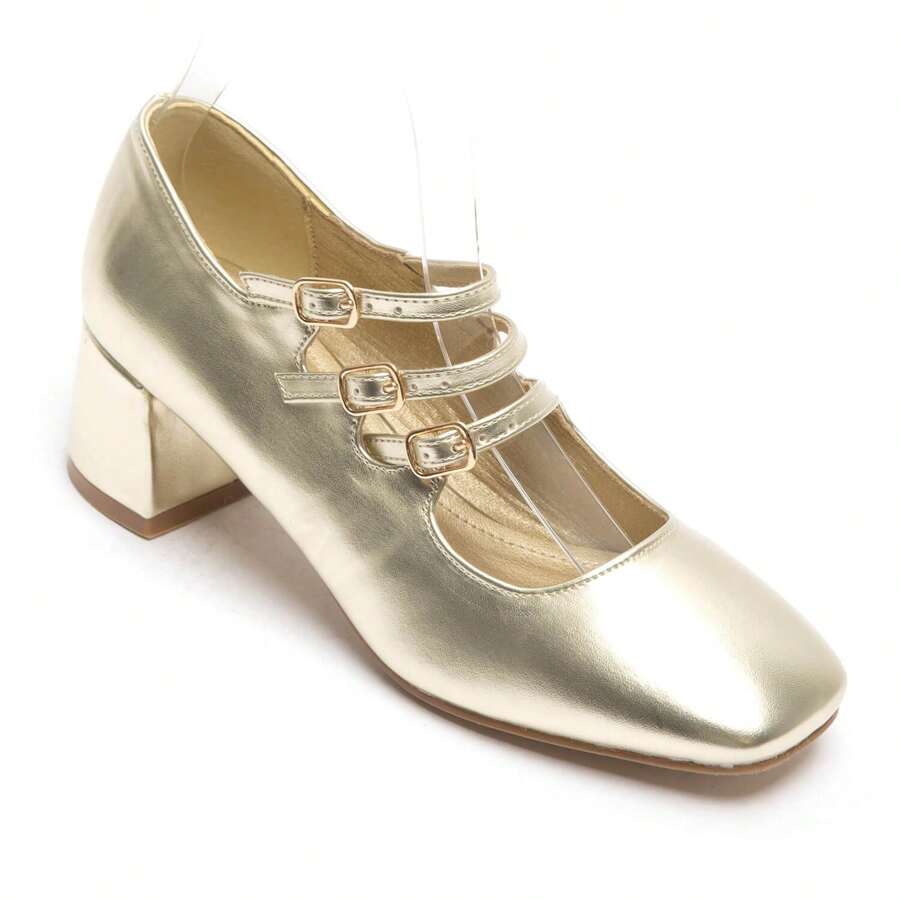 Elegant Multi-Strap Pumps - Comfortable Block Heel - Gold - View 1