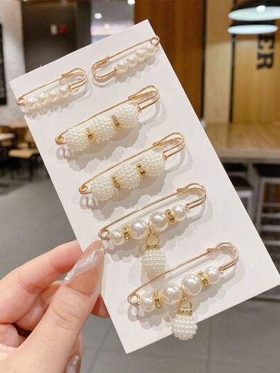 6入組時尚假珍珠和鑽石裝飾胸針,適合女性日常穿著