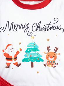 宝宝圣诞节卡通麋鹿圣诞老人圣诞树印花圆领上衣裤子套装三件套 - 紅色 - 查看 9