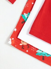 宝宝圣诞节卡通麋鹿圣诞老人圣诞树印花圆领上衣裤子套装三件套 - 紅色 - 查看 11