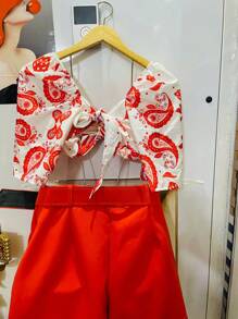 Belala Moda New Set Of One-Size-Fits-All Shirt That Ties At The Back With Elastane And Print, Shorts With Belt And Pocket - 橘色 - 查看 2