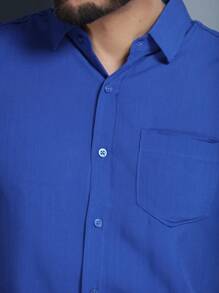 Long Sleeve Dress Shirt In Viscose Fabric Shrinks A Little With Pocket Slim Fit Not Bulky, Easy To Iron - Royal Blue - View 4