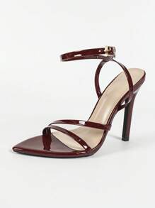 Jin Bei Qi 女士尖头漆皮交叉踝带扣露趾细高跟凉鞋，时尚高端派对晚会酒红色高跟鞋 - 酒紅色 - 查看 7