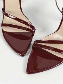 Jin Bei Qi 女士尖头漆皮交叉踝带扣露趾细高跟凉鞋，时尚高端派对晚会酒红色高跟鞋 - 酒紅色 - 查看 6
