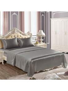 4 Pcs Smooth Satin Silk Sheet Set Deep Pocket Bed Sheet Wrinkle Fade Resistant - Xám - Xem 1