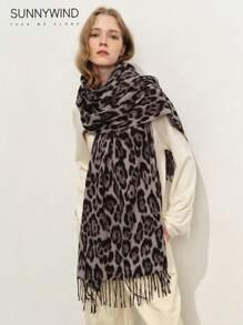 1pc Women's Leopard Print Polyester Elegant Versatile Warm Scarf, Suitable For Daily Use - Grey - View 2