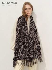 1pc Women's Leopard Print Polyester Elegant Versatile Warm Scarf, Suitable For Daily Use - Grey - View 3