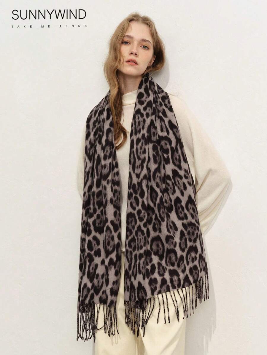 1pc Women's Leopard Print Polyester Elegant Versatile Warm Scarf, Suitable For Daily Use - Grey - View 1