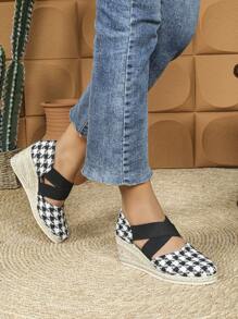 Giày cao gót đế xuồng kẻ sọc cho nữ, giày sandal đế xuồng buộc dây mũi tròn - Đen và trắng - Xem 6