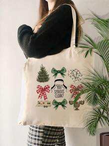 VOESETO 1 件圣诞树图案手提包单肩包，适合旅行日常通勤女士可重复使用购物袋，送给她的最佳礼物，折叠单肩包夏季海滩度假包圣诞礼物 - 米色 - 查看 10