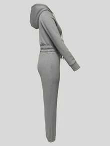 2件套女士休闲保暖加厚纯色长袖连帽卫衣上衣和修身运动裤套装，秋冬季优雅款 - 灰色 - 查看 6