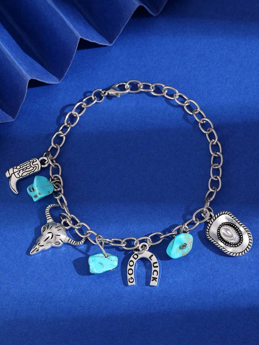 1 chiếc mũ cao bồi phong cách miền Tây cổ điển, giày bốt, vòng tay mặt dây chuyền kim loại màu ngọc lam, phù hợp cho phụ nữ đeo hàng ngày - Nhiều màu - Xem 1