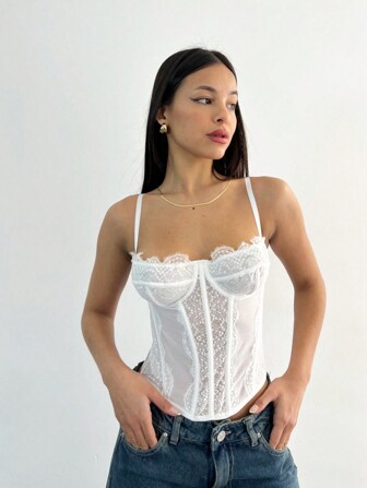 1pc Cute Corset Tops For Women Going Out Lace Mesh Date Night Top Spaghetti Strap Party Club Top