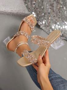 New Plus Size Women Comfortable Minimalist Parallel Square Toe Rhinestone Decor Elegant Casual Fashion Outdoor Thick Heel High Heels Sandals, Summer