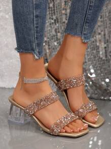 New Plus Size Women Comfortable Minimalist Parallel Square Toe Rhinestone Decor Elegant Casual Fashion Outdoor Thick Heel High Heels Sandals, Summer