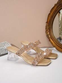 New Plus Size Women Comfortable Minimalist Parallel Square Toe Rhinestone Decor Elegant Casual Fashion Outdoor Thick Heel High Heels Sandals, Summer