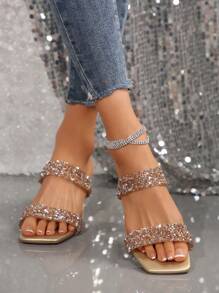 New Plus Size Women Comfortable Minimalist Parallel Square Toe Rhinestone Decor Elegant Casual Fashion Outdoor Thick Heel High Heels Sandals, Summer