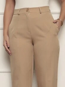Women's Straight Trousers In Twill Fabric - Elegant Detail Near The Pocket - 深米色 - 查看 2