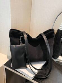 母女两件套零钱包，复古纯色大容量休闲单肩托特包，磨砂麂皮大包，撞色休闲托特包，磨砂纯色大包，优雅多功能通勤女士托特包 - 黑色 - 查看 1