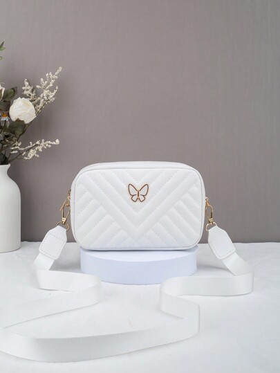 Kids V-Shape Embroidered Quilted Mini Square Shoulder Bag, Fashion Camera Bag For Girls