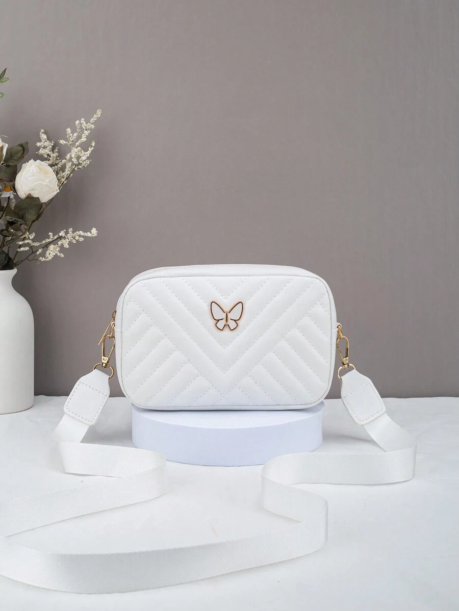 Kids V-Shape Embroidered Quilted Mini Square Shoulder Bag, Fashion Camera Bag For Girls - White - View 1