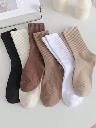 6pairs Brown Tone Solid Color Casual Mid-Calf Socks