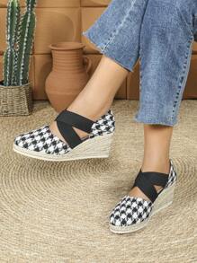 Giày cao gót đế xuồng kẻ sọc cho nữ, giày sandal đế xuồng buộc dây mũi tròn - Đen và trắng - Xem 4