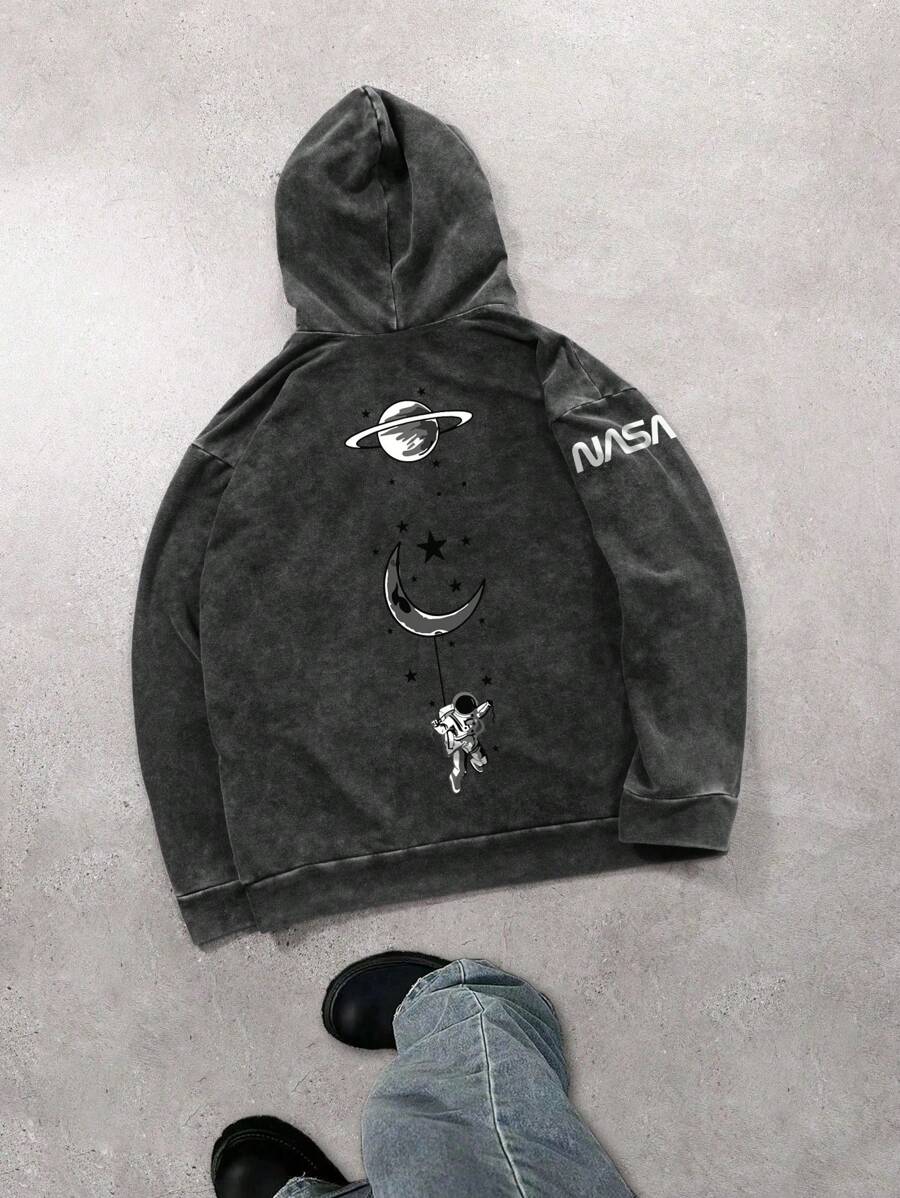 Men's Distressed Graphic Print Hoodie Sweatshirt - Black - View 1