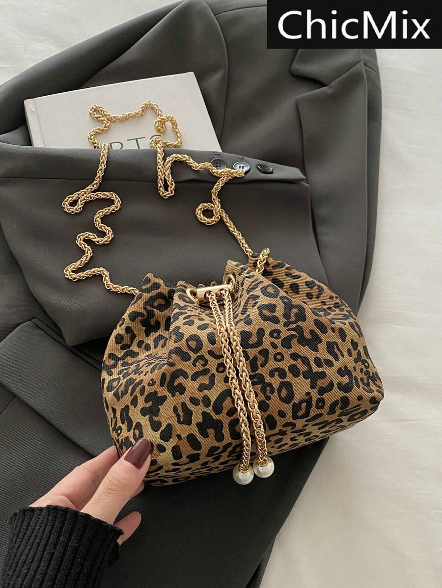 1 件复古圆筒女士手提包，日常使用（带毛绒装饰），时尚豹纹印花女士钱包豹纹回归 - 彩色 - 查看 1