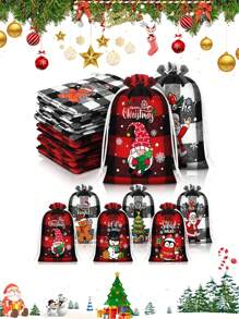6/12 件圣诞粗麻布礼品袋、圣诞水牛格子束口袋、圣诞黄麻亚麻粗麻布束口袋，适用于圣诞礼物、圣诞装饰品、圣诞派对礼物、圣诞礼物、秘密圣诞老人；圣诞节、圣诞包装纸、圣诞装饰品；圣诞糖果盒、礼品包装、圣诞礼物；情人节礼物、圣诞前夜礼盒、圣诞礼物 - 彩色 - 查看 1