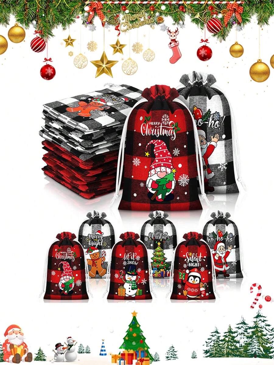 6/12 件圣诞粗麻布礼品袋、圣诞水牛格子束口袋、圣诞黄麻亚麻粗麻布束口袋，适用于圣诞礼物、圣诞装饰品、圣诞派对礼物、圣诞礼物、秘密圣诞老人；圣诞节、圣诞包装纸、圣诞装饰品；圣诞糖果盒、礼品包装、圣诞礼物；情人节礼物、圣诞前夜礼盒、圣诞礼物 - 彩色 - 查看 1