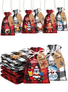 6/12 件圣诞粗麻布礼品袋、圣诞水牛格子束口袋、圣诞黄麻亚麻粗麻布束口袋，适用于圣诞礼物、圣诞装饰品、圣诞派对礼物、圣诞礼物、秘密圣诞老人；圣诞节、圣诞包装纸、圣诞装饰品；圣诞糖果盒、礼品包装、圣诞礼物；情人节礼物、圣诞前夜礼盒、圣诞礼物 - 彩色 - 查看 3