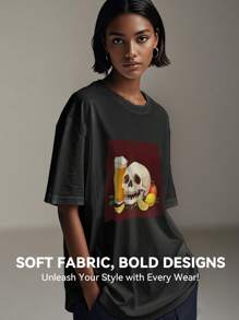 Women's Print Short Sleeve T-Shirt, Black & White Shirt, 180gsm Shirt, Crew Neck Short Sleeve T-Shirt, Breathable & Comfortable Casual Sports Fitness Tee, Casual Vintage Style, Suitable For Summer, Beach Holiday Crew Neck Short Sleeve Casual T-Shirt, Summer Tee - 黑 - 查看 2