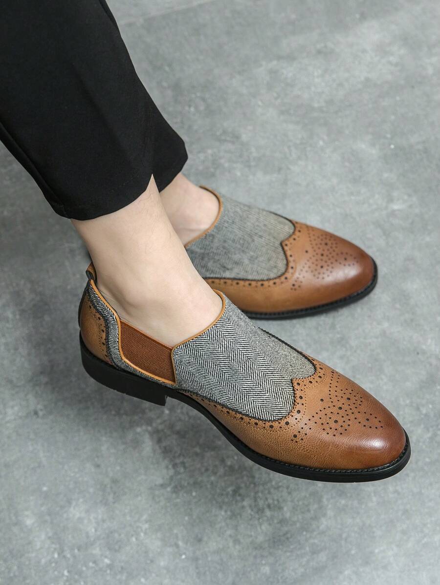 Men's Pointed Toe Formal Dress Shoes With Breathable Mesh Panel - Brown - View 1
