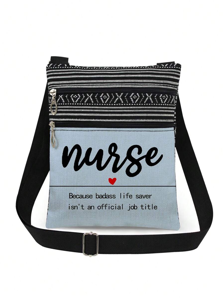 简约百搭的字母和心形图案单肩包，男女通用可重复使用的斜挎包，时尚图案休闲收纳包，便携式单肩包，派对礼物，医务工作者礼物 - 藍色 - 查看 1