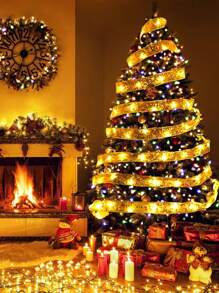 1pc/2pcs 5m/10m Christmas Ribbon LED String Light, Gold Ribbon Christmas Tree Decor, Christmas Decor, Christmas Tree Pendant Gift, Outdoor Indoor Staircase Fireplace Decoration Ribbon Light Strip, Merry Christmas Decoration For Home, Christmas Ornaments