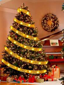 1pc/2pcs 5m/10m Christmas Ribbon LED String Light, Gold Ribbon Christmas Tree Decor, Christmas Decor, Christmas Tree Pendant Gift, Outdoor Indoor Staircase Fireplace Decoration Ribbon Light Strip, Merry Christmas Decoration For Home, Christmas Ornaments