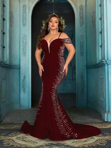 QOQ Glamorous Mature Plus Size Rhinestone Halter Floor Length Women Gown Dresses - Burgundy - View 4