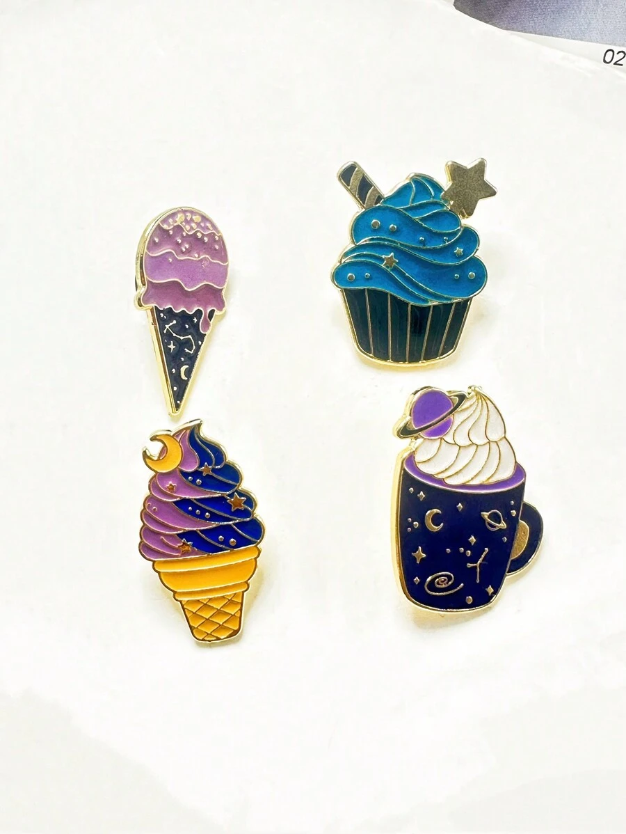 4 件套可爱时尚冰淇淋锥形锌合金胸针，创意卡通甜点配件 - 彩色 - 查看 1