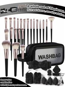 18-20-22-25-30PCS Makeup Brush Set+1pc Multi-Functional Zipper Toiletry And Cosmetic Bag Waterproof+3PCS Makeup Sponges +3PCS Mini Makeup Sponges +3PCS Triangle Powder Puffs+3PCS Mini Air Cushion Powder Puffs+1pc Hairband +2PCS Hand Bowl Strap+1pc Eyelash Curler - 彩色 - 查看 17