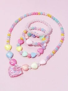 Bộ 4 chiếc/Bộ mặt dây chuyền hình trái tim cho bé gái, Bộ trang sức vòng tay hạt cườm, Thích hợp cho tiệc ngày lễ, Quà tặng sinh nhật, Trang phục hàng ngày, Màu ngẫu nhiên - Nhiều màu - Xem 11