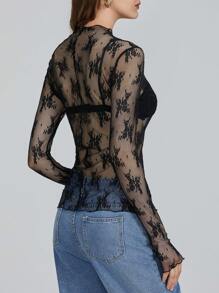 Women Sheer Mesh Long Sleeve T-Shirts Mock Neck Lace Trim Flroal Print Shirts Casual Sexy Slim Fit See Through Tops Blouse Streetwear S-XL - 黑色 - 查看 6