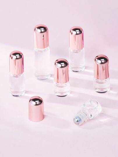 4pcs 1/2/3/5ml Rose Gold Roll-On Bottles, Transparent Glass Perfume/Essential Oil Refillable Containers, Portable Cosmetic Tools