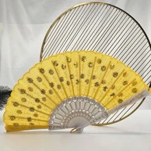 D EXCEED 1 件女士折扇，手工制作优雅彩色刺绣花朵孔雀图案亮片面料折扇（多色）