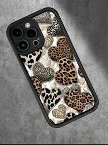 动物新款豹纹心形创意图案，黑色天使眼梯形手机保护壳，趣味个性化优雅，简约时尚潮流男女礼物，兼容 iPhone 16/11/12/13/14/15/XR/7 8 P/13 Pro Max/16 Plus - 黑色 - 查看 4