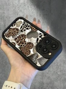 动物新款豹纹心形创意图案，黑色天使眼梯形手机保护壳，趣味个性化优雅，简约时尚潮流男女礼物，兼容 iPhone 16/11/12/13/14/15/XR/7 8 P/13 Pro Max/16 Plus - 黑色 - 查看 3