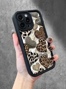 动物新款豹纹心形创意图案，黑色天使眼梯形手机保护壳，趣味个性化优雅，简约时尚潮流男女礼物，兼容 iPhone 16/11/12/13/14/15/XR/7 8 P/13 Pro Max/16 Plus - 黑色 - 查看 2
