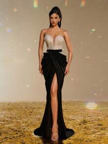 Smilprince Luxurious Silver Strapless Sequin Contrast Black Velvet Dress, High Slit Evening Gown, Formal Prom Dress, Wedding Guest Dress, Party Dress - Black - View 4