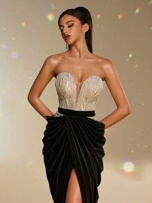 Smilprince Luxurious Silver Strapless Sequin Contrast Black Velvet Dress, High Slit Evening Gown, Formal Prom Dress, Wedding Guest Dress, Party Dress - Black - View 6