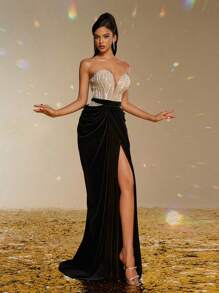 Smilprince Luxurious Silver Strapless Sequin Contrast Black Velvet Dress, High Slit Evening Gown, Formal Prom Dress, Wedding Guest Dress, Party Dress - Black - View 3